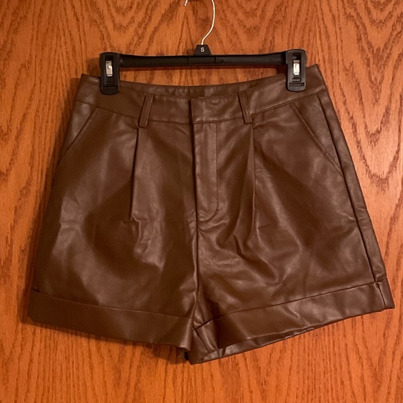 Pants - Brown Faux Leather Women Shorts